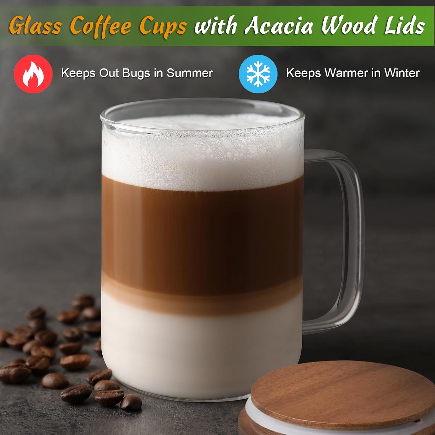Glass Coffee Mug with Wooden Lid (Set of 2, 20oz Large Capacity)
