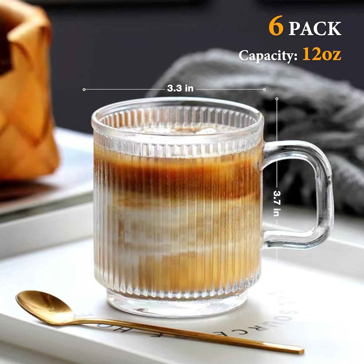 Ribbed Glass Coffee Mug Set (6 Pack, 12oz) – Elegant & Practical