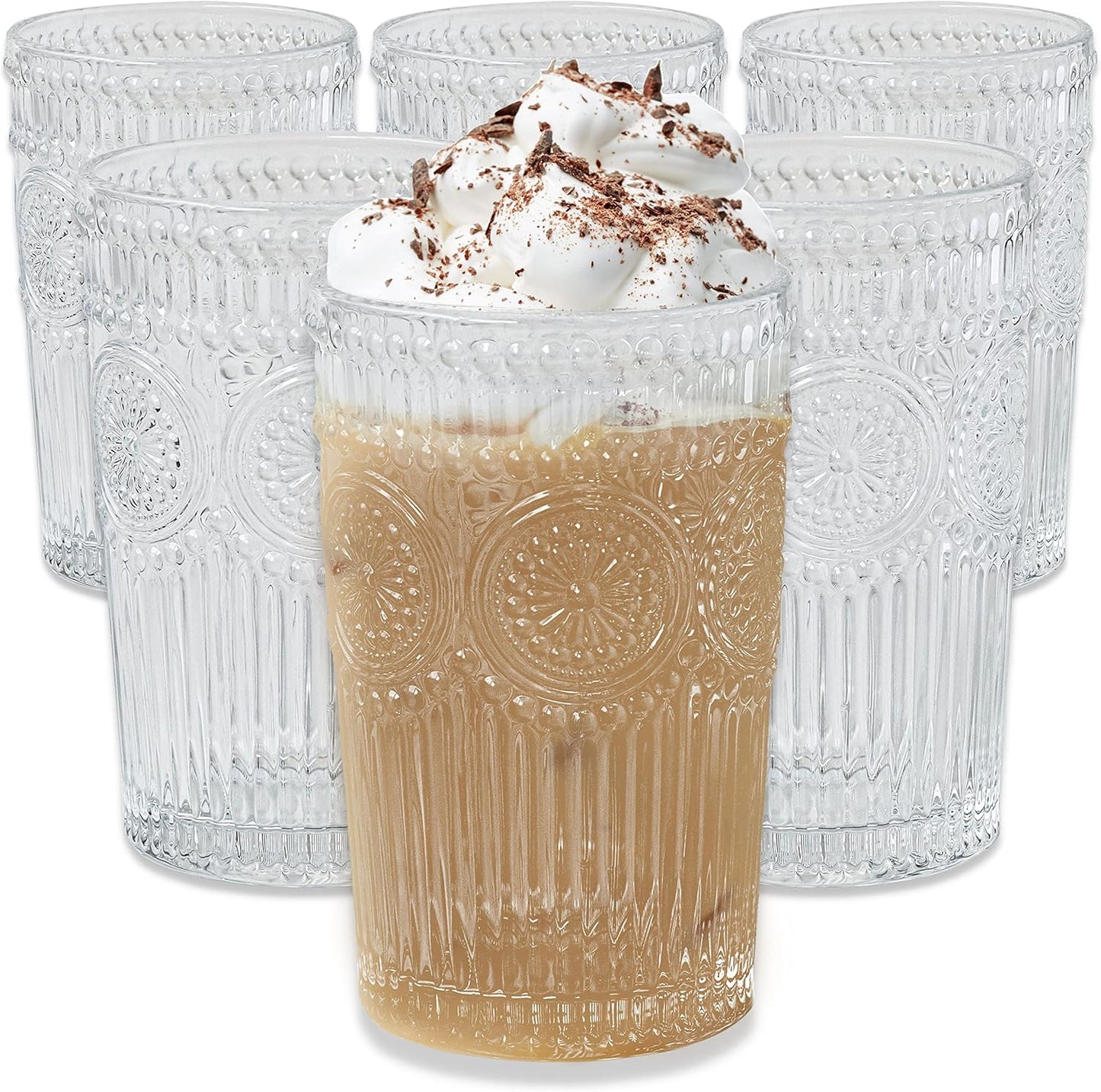 Vintage Embossed Glass Tumblers (Set of 6, 13oz) – Elegant & Durable