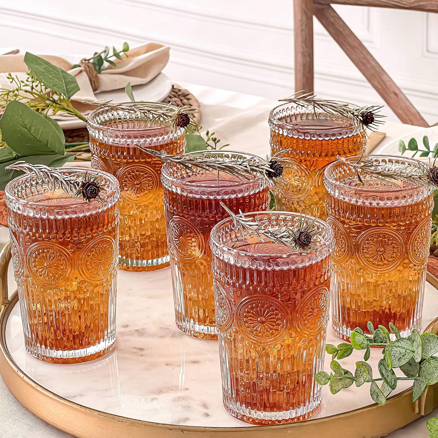 Vintage Embossed Glass Tumblers (Set of 6, 13oz) – Elegant & Durable