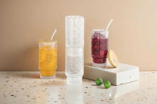 Vintage Embossed Glass Tumblers (Set of 4, 11oz) – Elegant & Durable