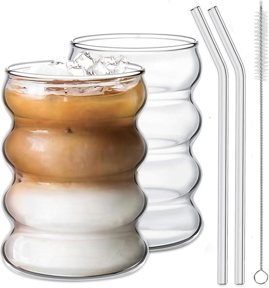 Wavy Glass Cup Set – 14oz Large Capacity, Stylish & Practical
