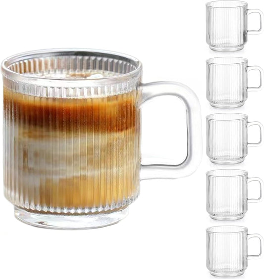 Ribbed Glass Coffee Mug Set (6 Pack, 12oz) – Elegant & Practical