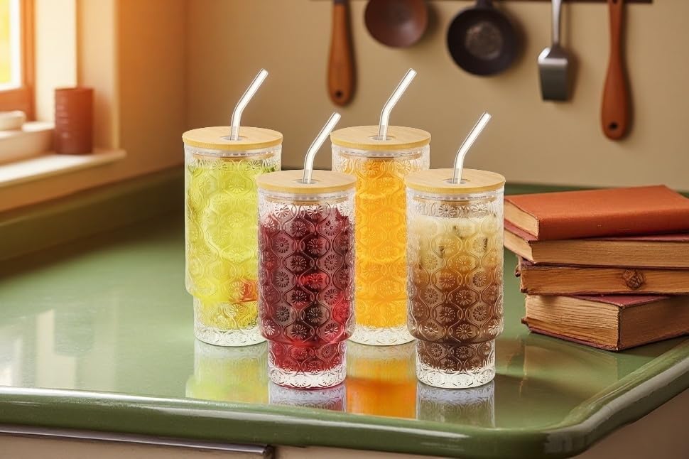Vintage Embossed Glass Tumblers (Set of 4, 11oz) – Elegant & Durable