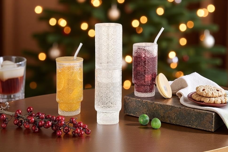 Vintage Embossed Glass Tumblers (Set of 4, 11oz) – Elegant & Durable