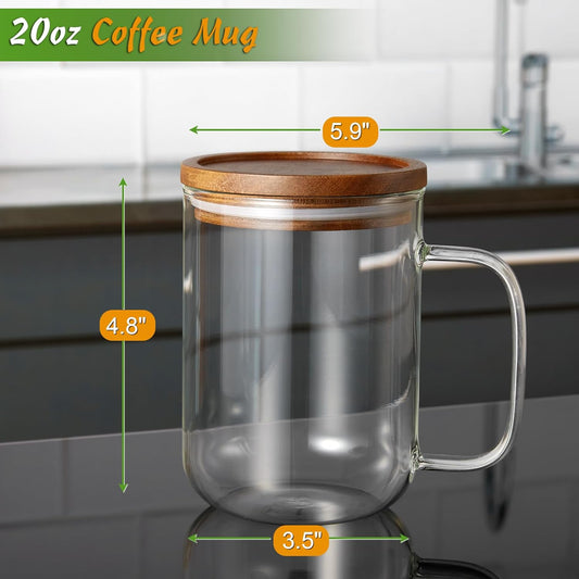 Glass Coffee Mug with Wooden Lid (Set of 2, 20oz Large Capacity)