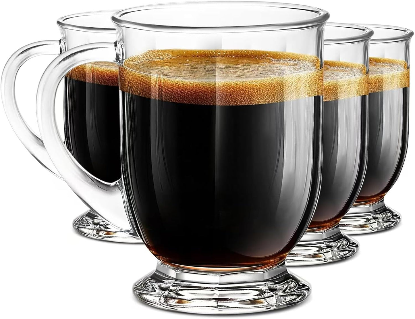 Clear Glass Coffee Mug Set (Set of 4, 16oz Large Capacity)