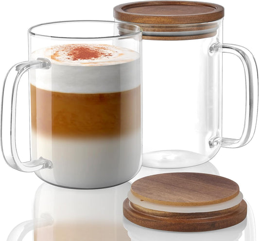 Glass Coffee Mug with Wooden Lid (Set of 2, 20oz Large Capacity)