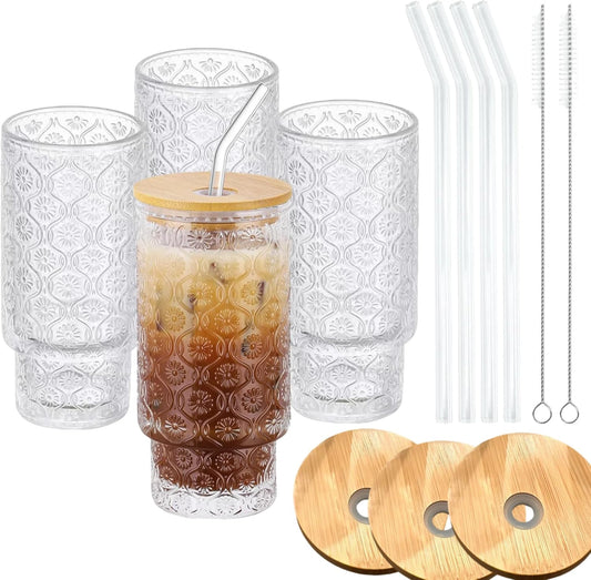 Vintage Embossed Glass Tumblers (Set of 4, 11oz) – Elegant & Durable