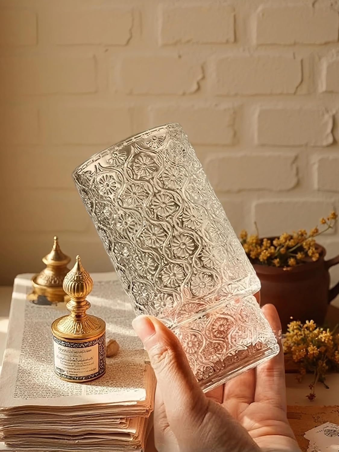 Vintage Embossed Glass Tumblers (Set of 4, 11oz) – Elegant & Durable