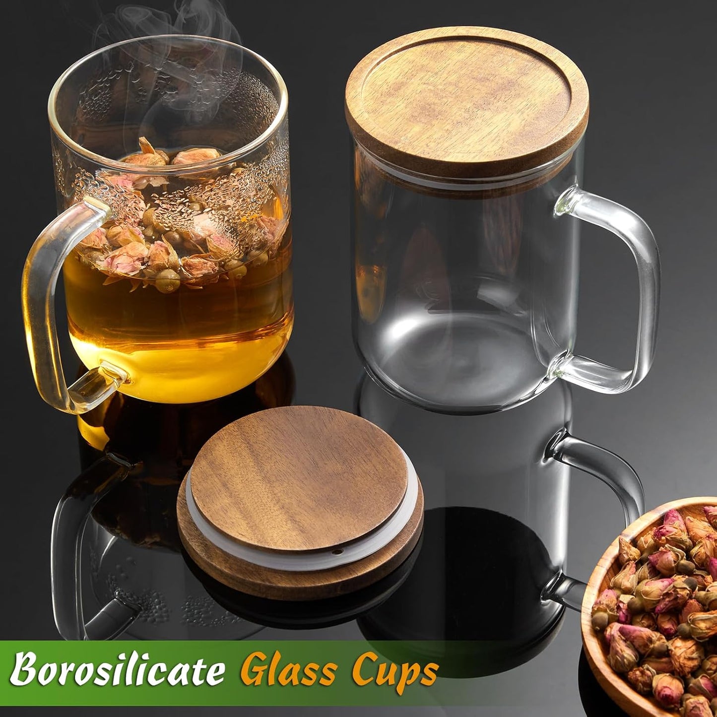 Glass Coffee Mug with Wooden Lid (Set of 2, 20oz Large Capacity)