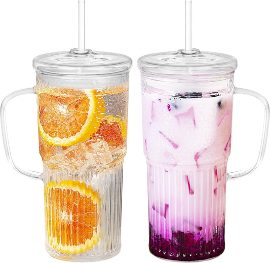 Glass Mug Set with Handle & Lid (2 Pack, 20oz) – Includes Straws