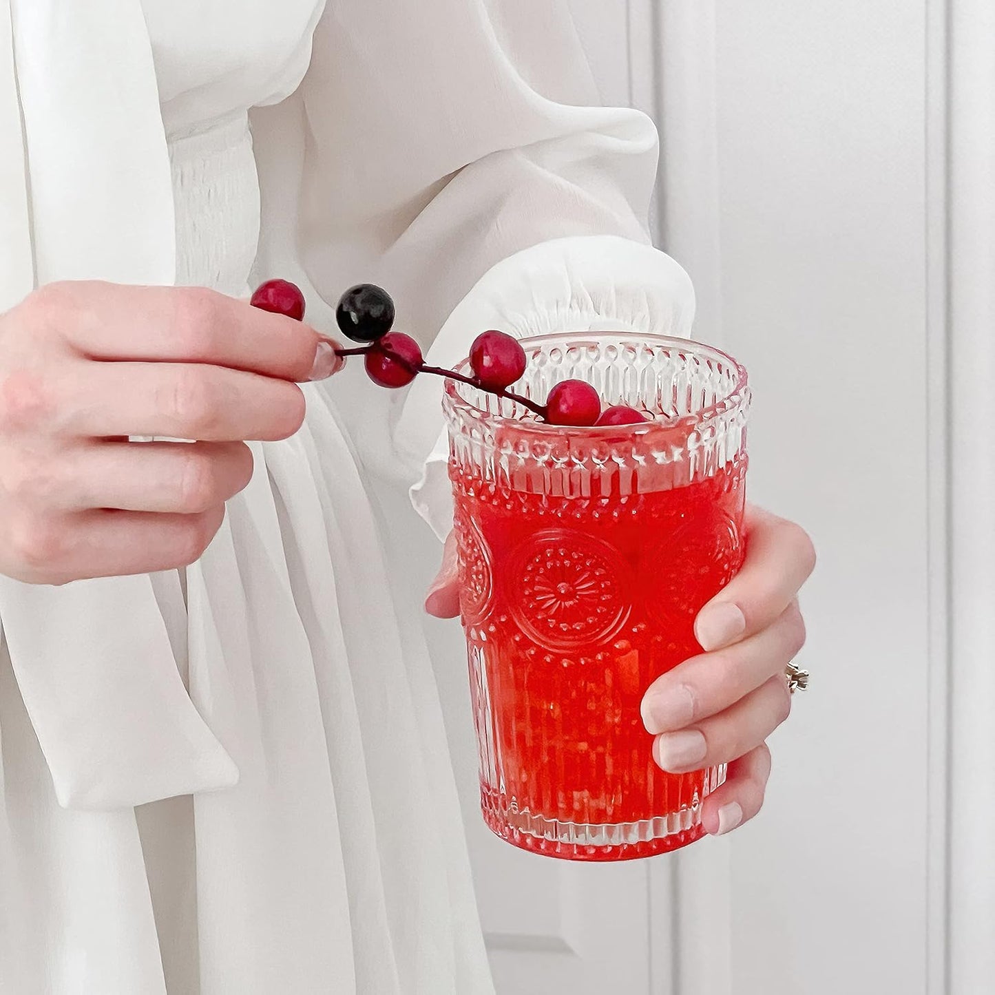Vintage Embossed Glass Tumblers (Set of 6, 13oz) – Elegant & Durable