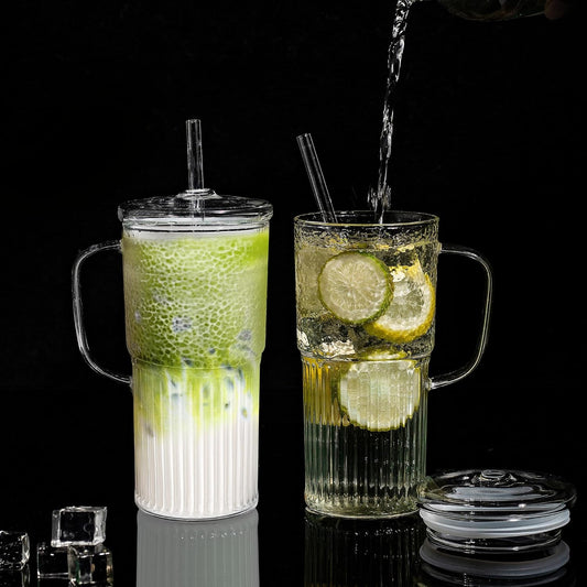 Glass Mug Set with Handle & Lid (2 Pack, 20oz) – Includes Straws