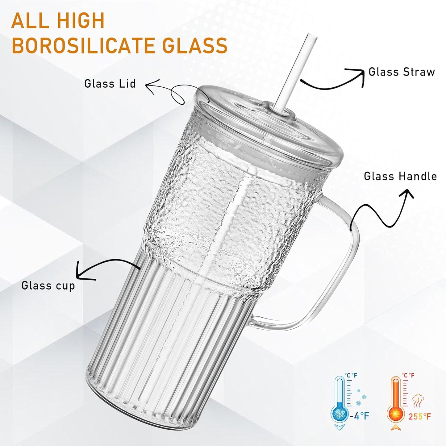 Glass Mug Set with Handle & Lid (2 Pack, 20oz) – Includes Straws
