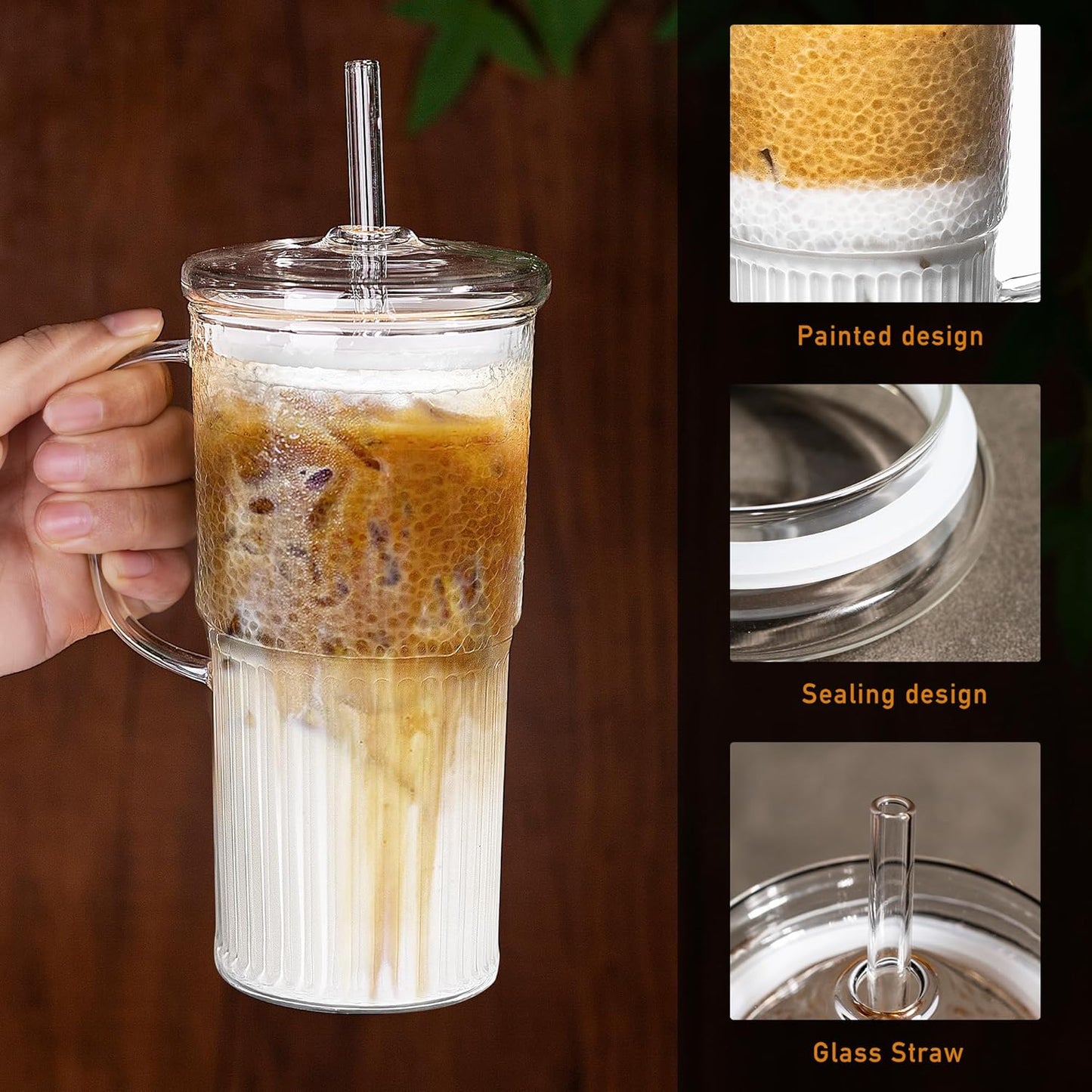 Glass Mug Set with Handle & Lid (2 Pack, 20oz) – Includes Straws