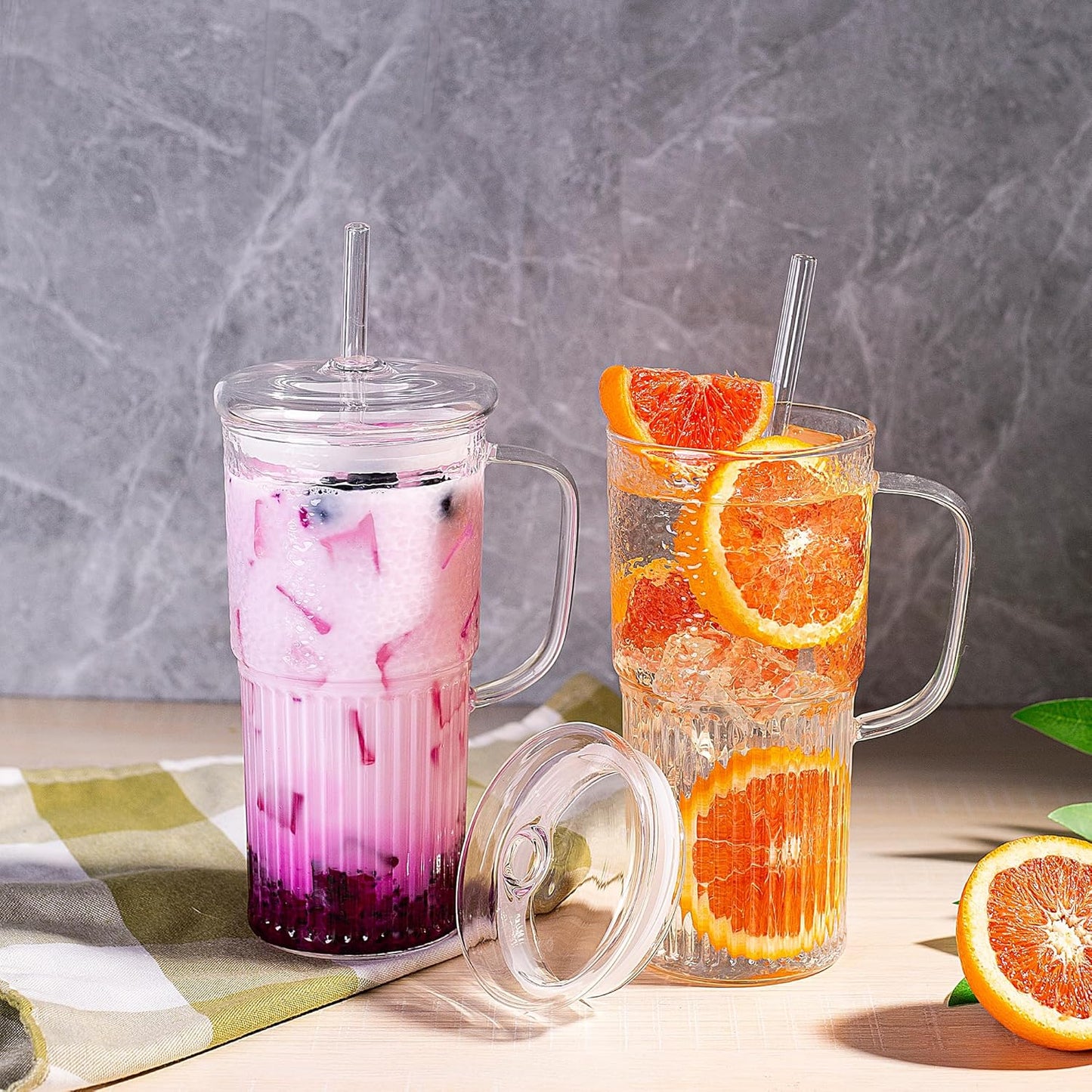 Glass Mug Set with Handle & Lid (2 Pack, 20oz) – Includes Straws