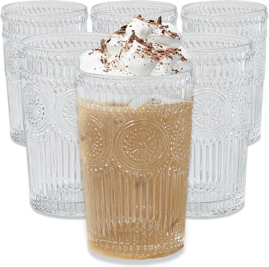 Vintage Embossed Glass Tumblers (Set of 6, 13oz) – Elegant & Durable