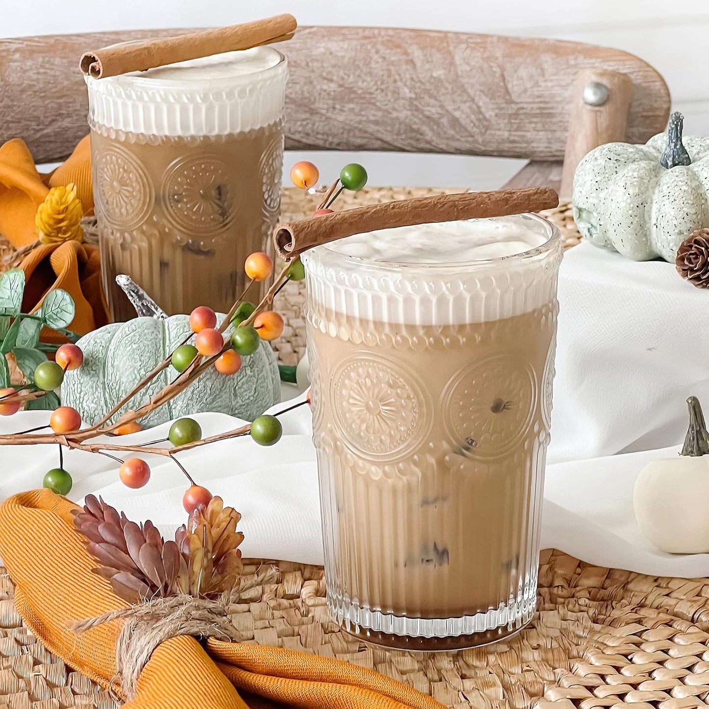 Vintage Embossed Glass Tumblers (Set of 6, 13oz) – Elegant & Durable